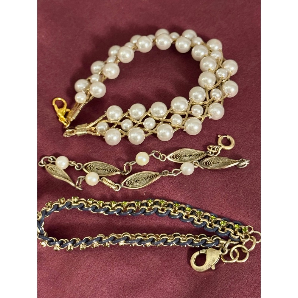 Gold Tone Bracelet Stack 3pc‎ Lot Pearl Green Stone Coquette Boho